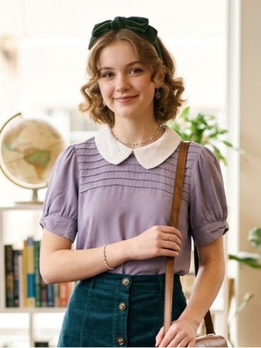 Peter Pan Collar Lilac Blouse with Pintuck Detail Cotton Tencel Twee